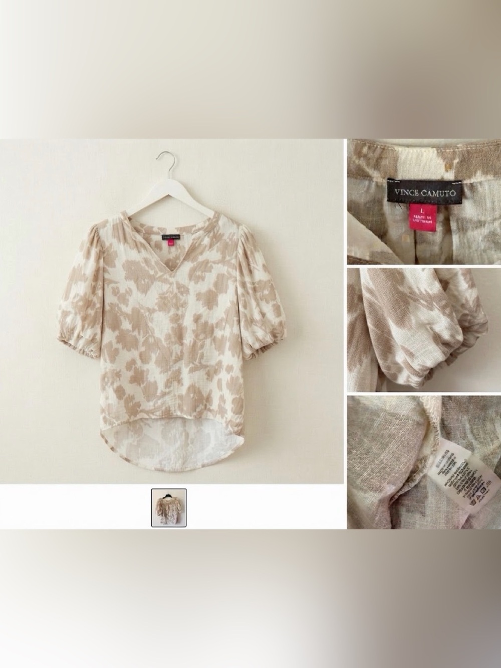 Vince Camuto Cream and Tan Floral Puff-Sleeve V-Neck Blouse